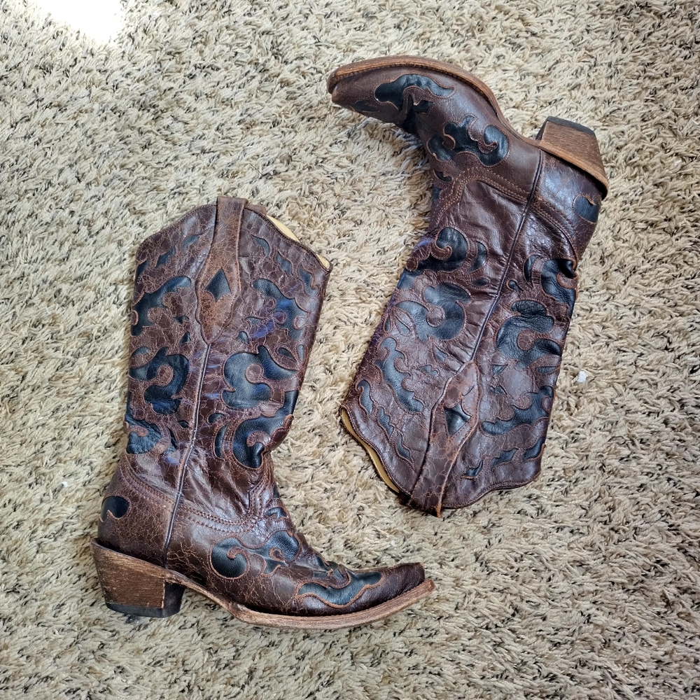 CORRAL INLAY SNIP TOE COWBOY Western  BROWN BOOTS Sz 6,5